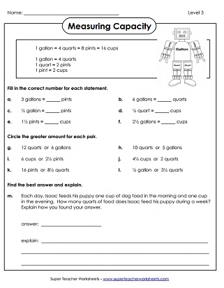 Capacity Worksheets (Gallons, Quarts, Pints, and Cups)