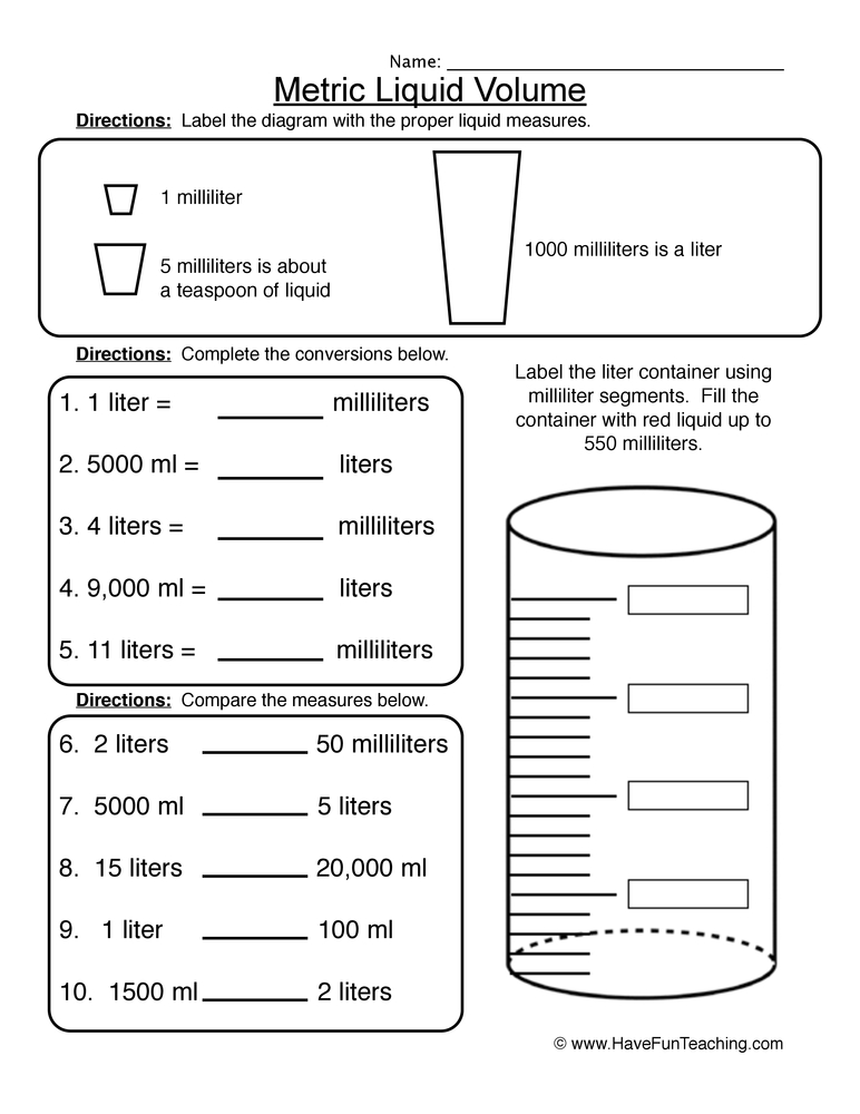 Metric Liquid Volume Worksheet  