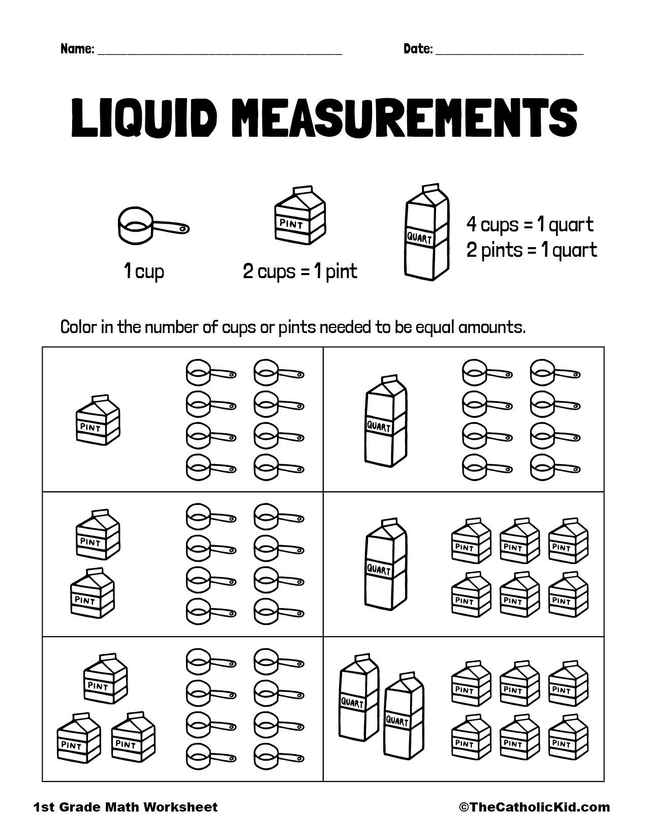 1st Grade Worksheet Measuring Liquids - TheCatholicKid.com
