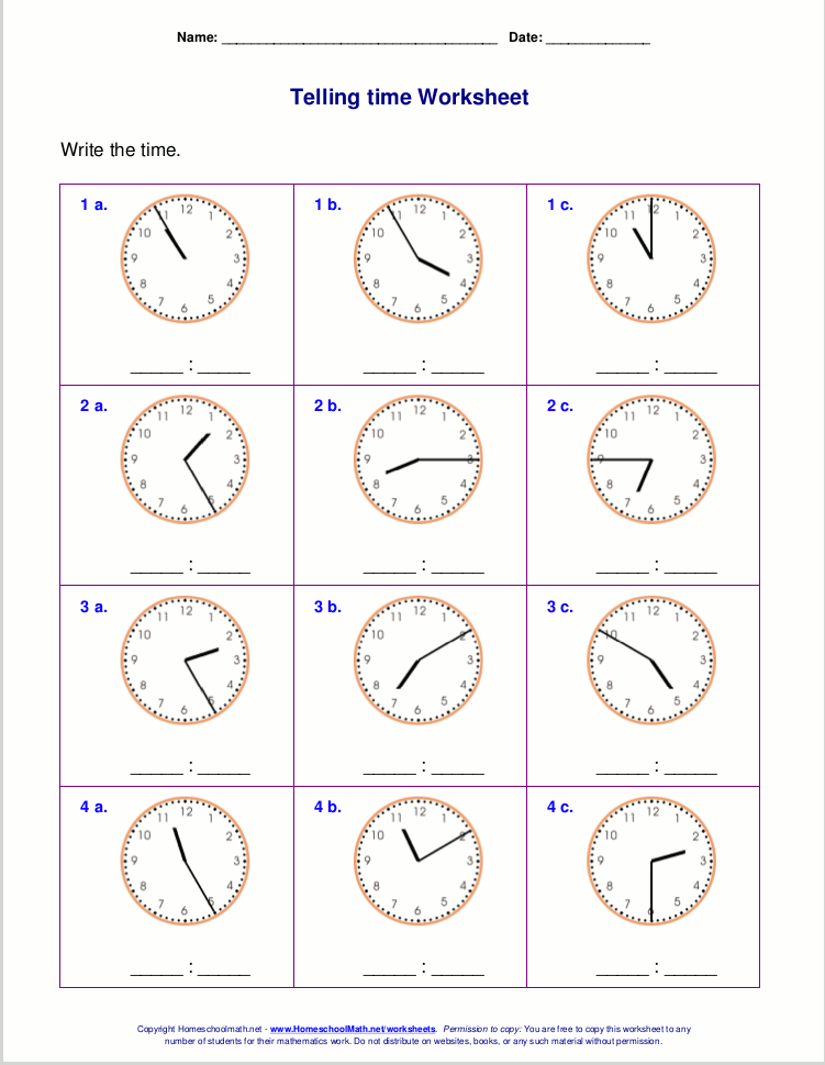 Telling time worksheets for 2nd grade