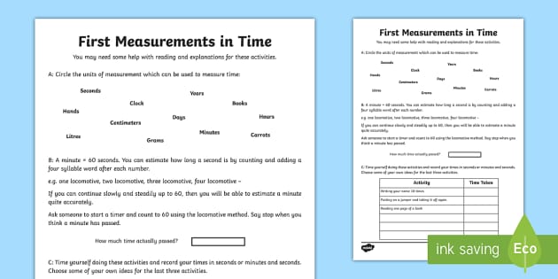 First Measurements in Time Worksheet / Worksheet - Twinkl