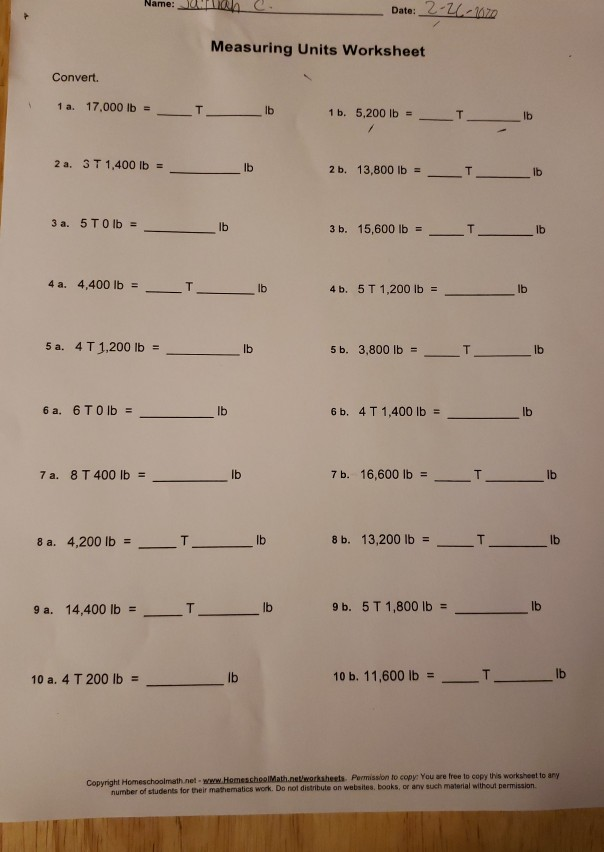 Solved Name: Juwele. Date: 2-26-1670 Measuring Units | Chegg.com