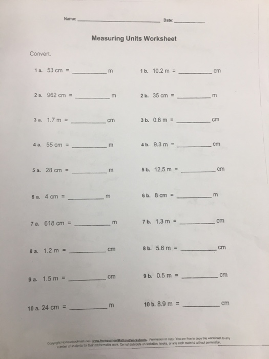 Solved Name: Date Measuring Units Worksheet Convert. 1 a. 53 ...