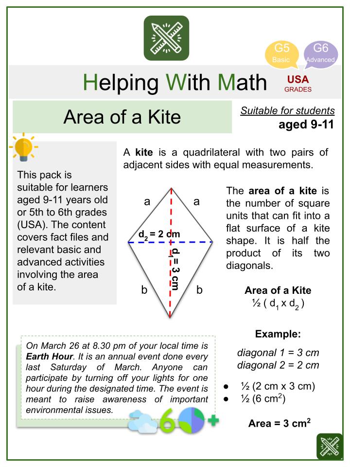 Area of a Kite Earth Hour Themed Math Worksheets | Age 9-11 years