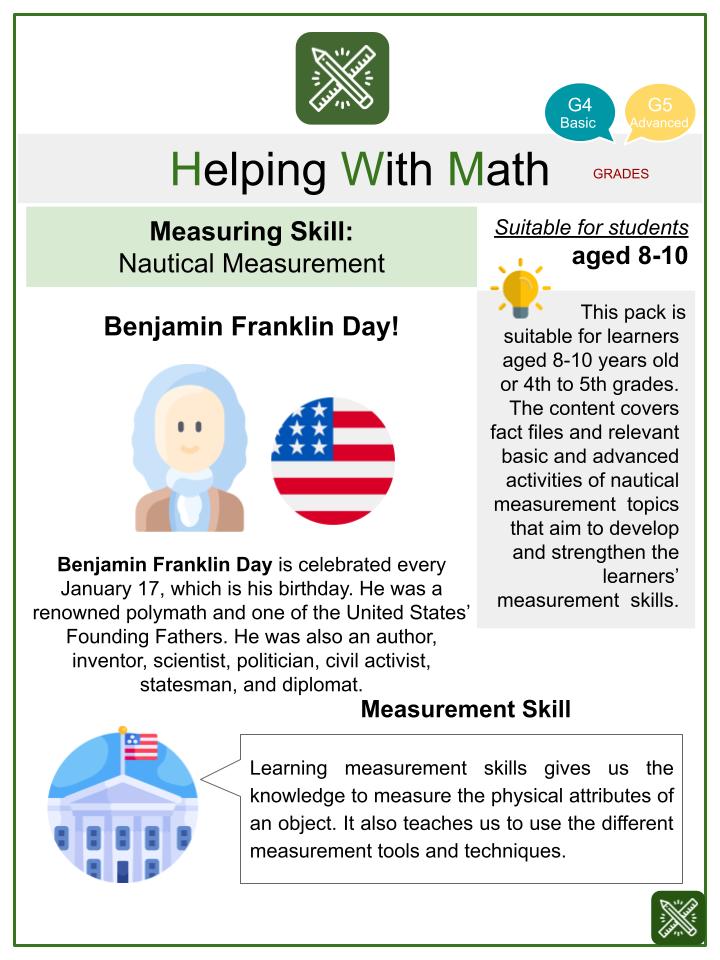 Nautical Measurement Benjamin Franklin Day Themed Math Worksheets
