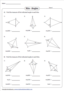 Finding Angles of a Kite using Properties Worksheets