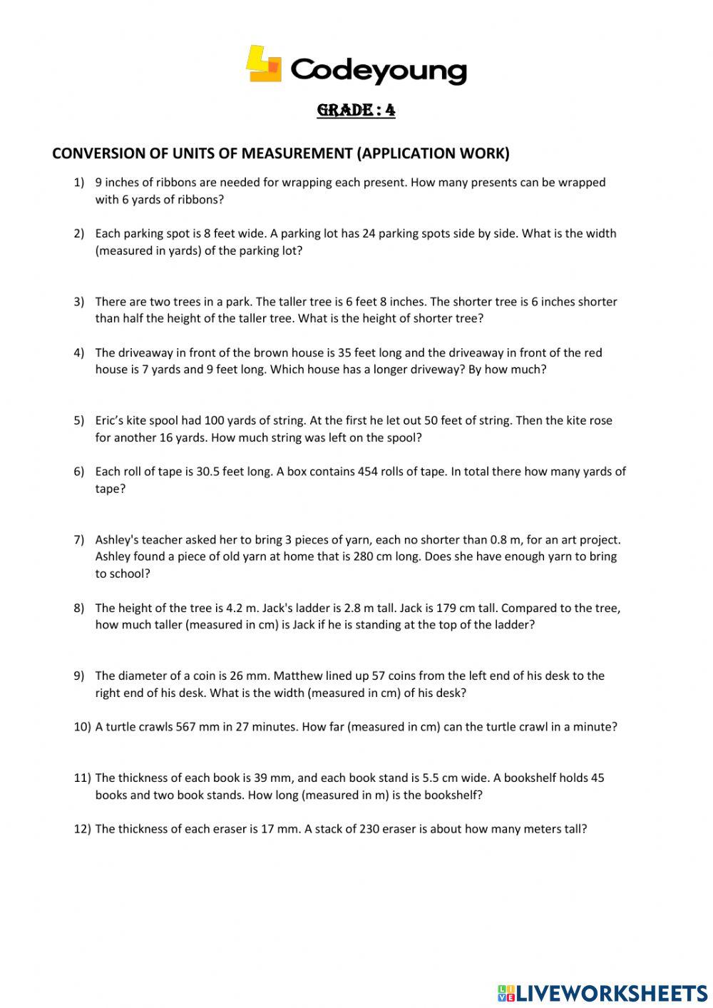 Conversion of units of measurement (application work) worksheet ...