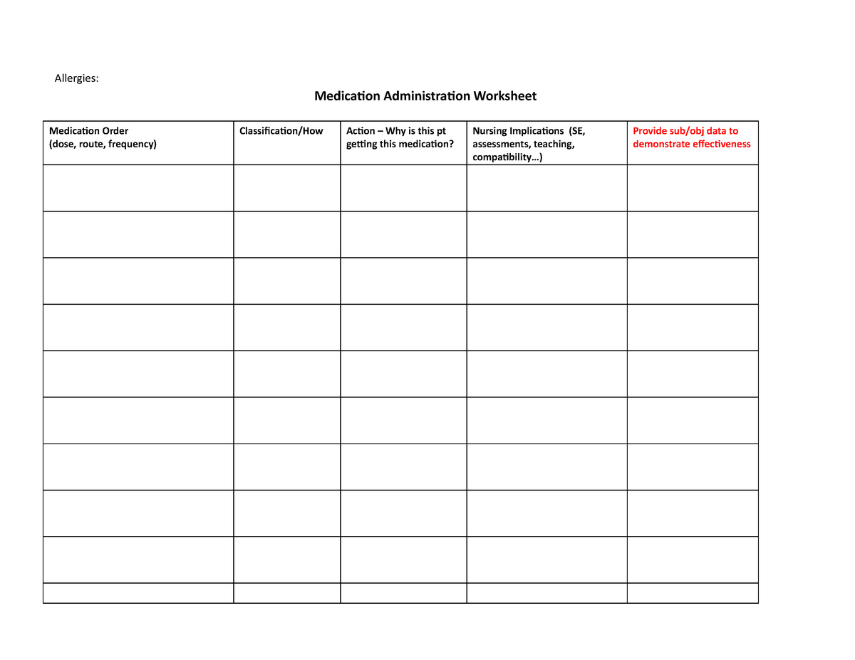 Medication Administration Worksheet (11)(1)-3 - Allergies ...