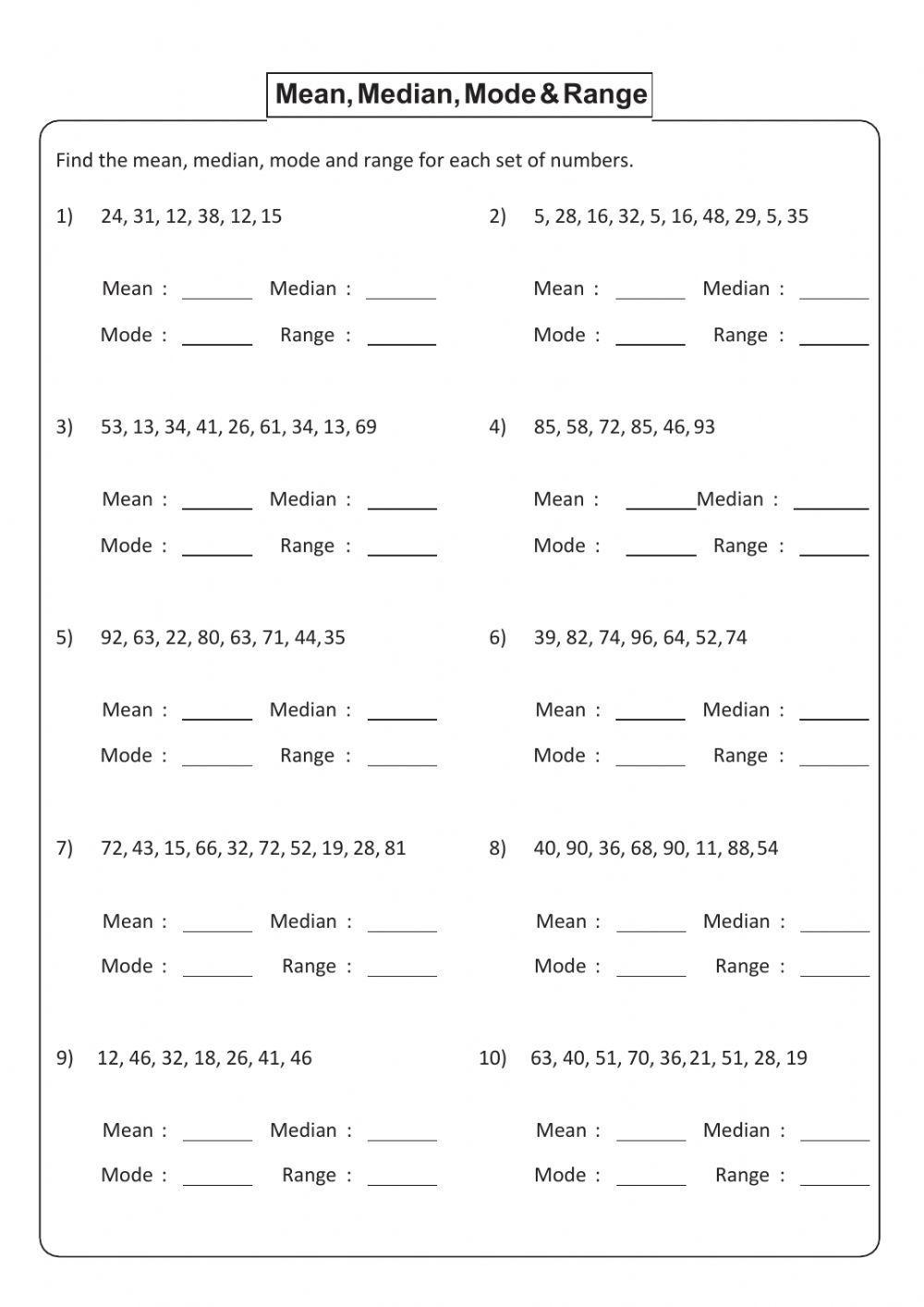 Mean, Median, Mode, and Range interactive worksheet  