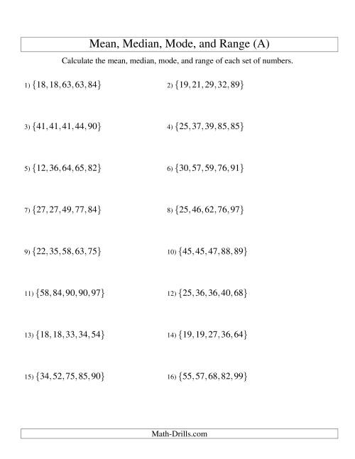 Mean, Median, Mode and Range -- Sorted Sets (Sets of 5 from 10 to ...