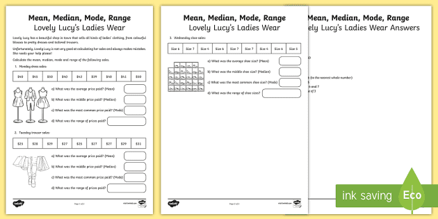 Mean Median Mode &  Range - Lucys Ladieswear Worksheet