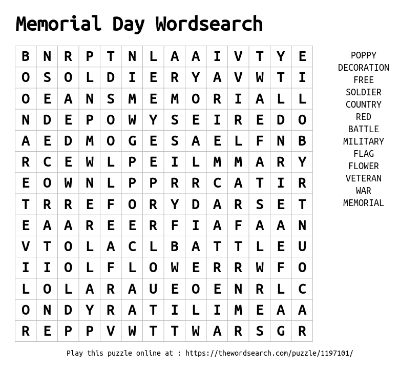 Memorial Day Wordsearch Word Search