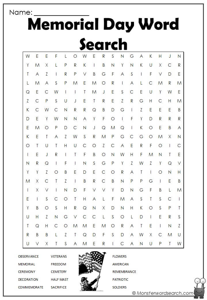 memorial day word search worksheet