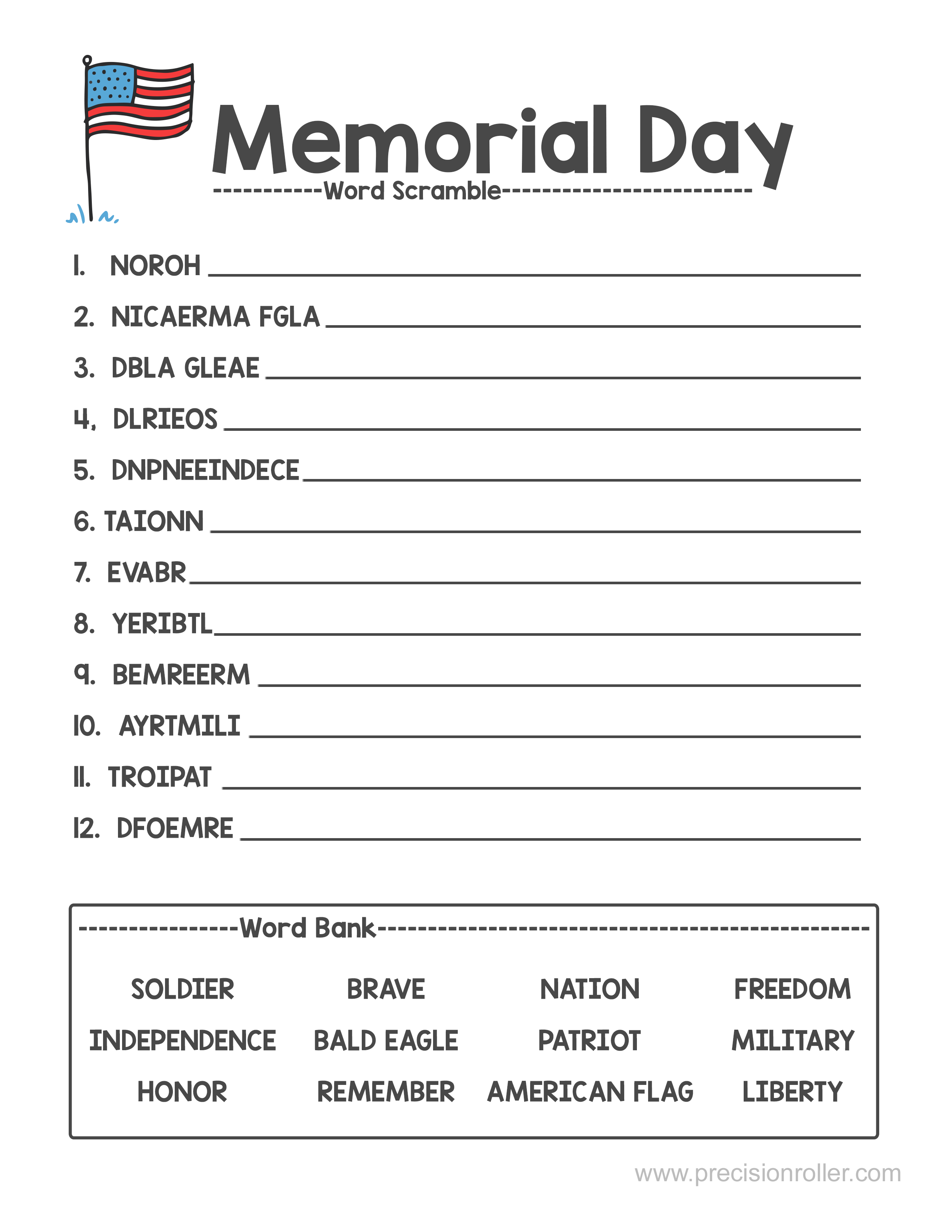 memorial day word search worksheet