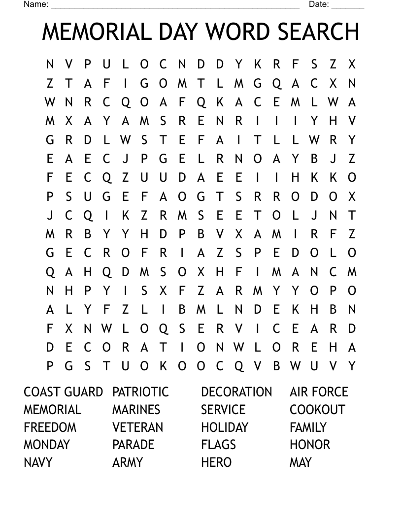 Memorial Day Word Search - WordMint