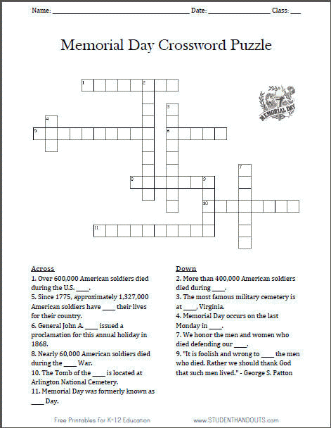 Memorial Day Crossword Puzzle | Student Handouts