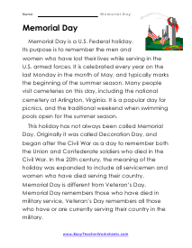 Memorial Day Worksheets