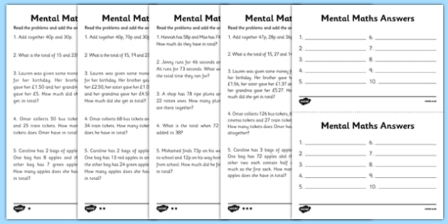 Addition Differentiated Activities | Mental Maths Worksheets