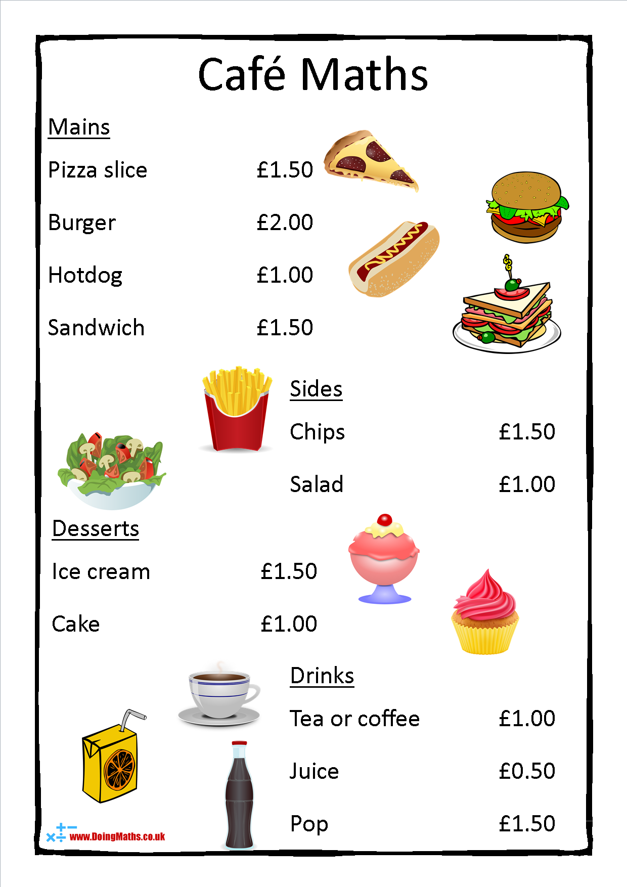 Cafe Menu Maths Primary Mathematics Money Arithmetic And