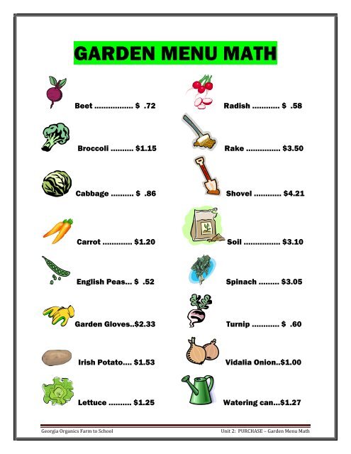 Activity â€“ Garden Menu Math Worksheets - Georgia Organics