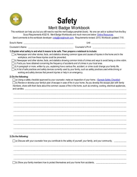Safety Merit Badge Worksheet