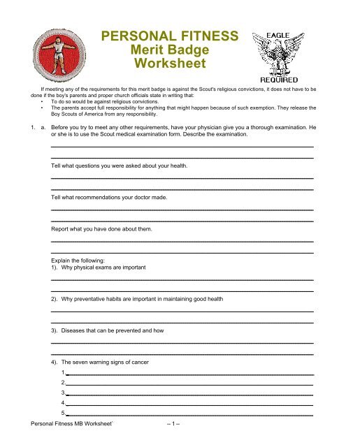 PERSONAL FITNESS Merit Badge Worksheet - Troop 655