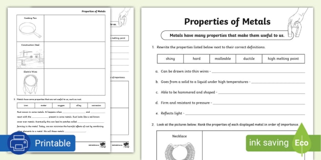 Properties of Metals Worksheet - Grade 5 - South Africa