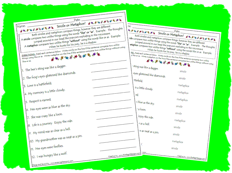 metaphor examples and answers worksheet