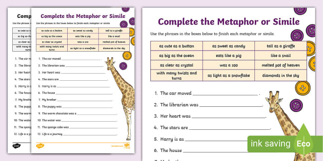 metaphor examples and answers worksheet