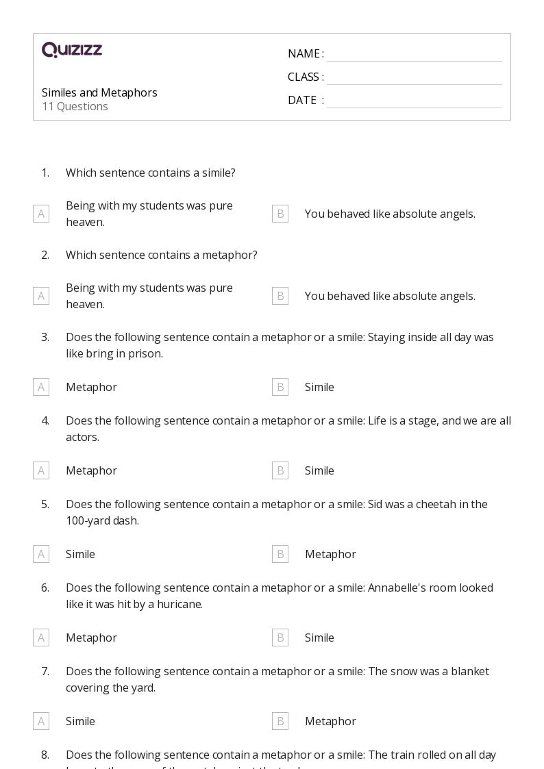 50+ Metaphors worksheets for 4th Class on Quizizz | Free &  Printable