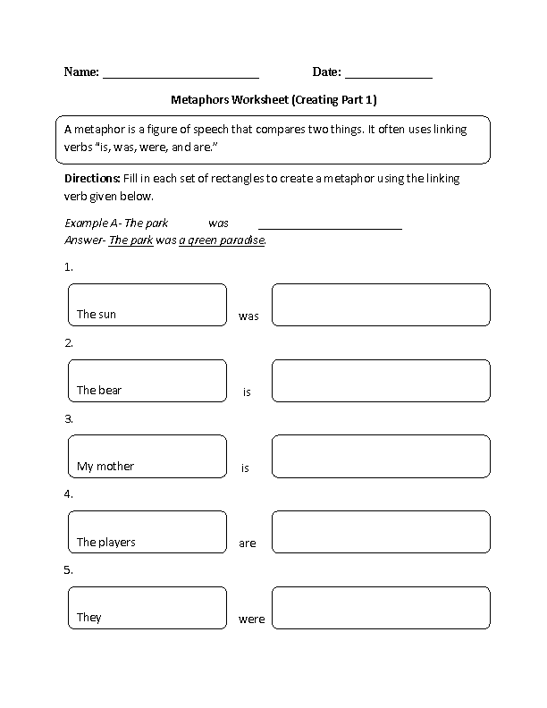 metaphor worksheet for middle school