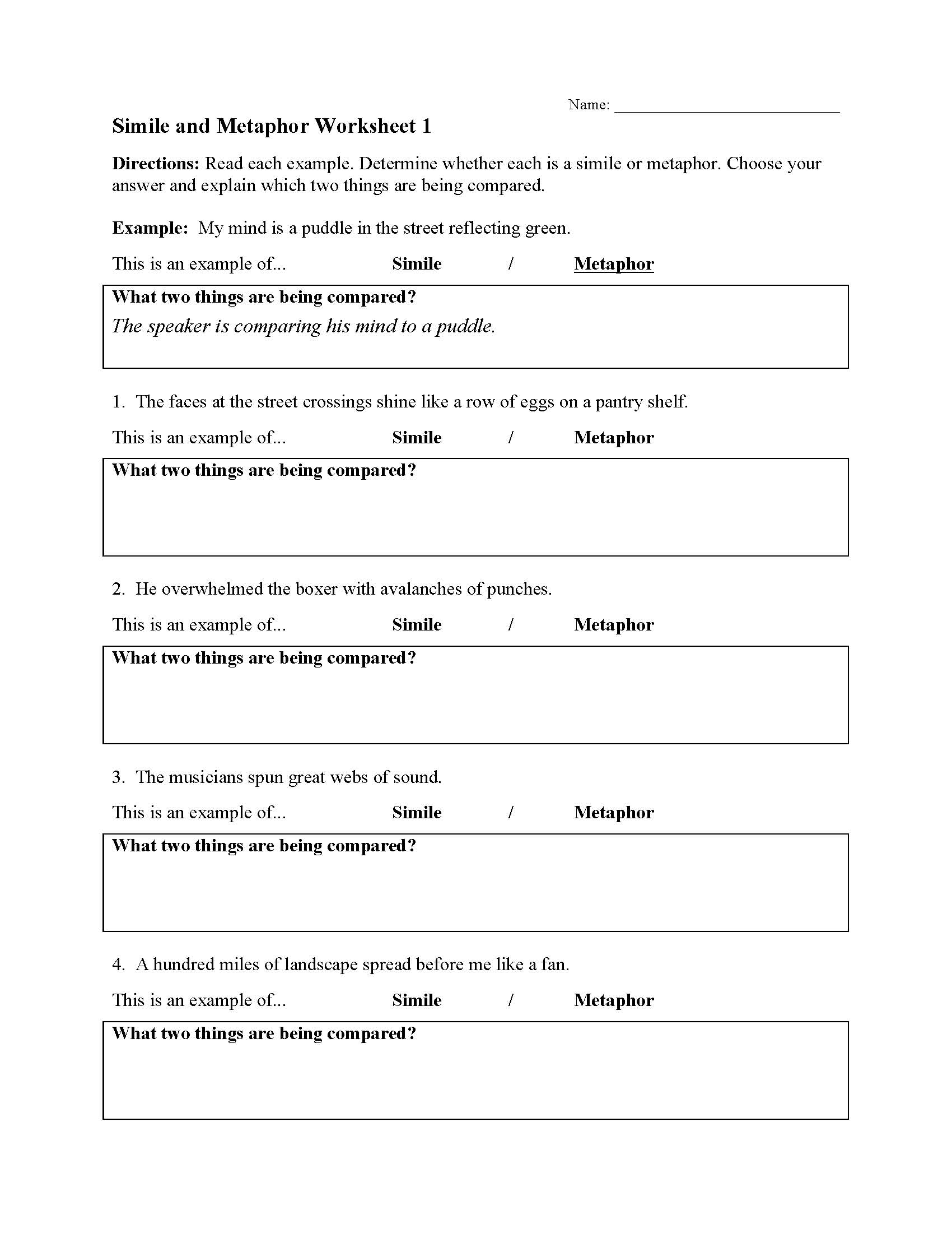 Simile and Metaphor Worksheet 1 | Figurative Language Activity