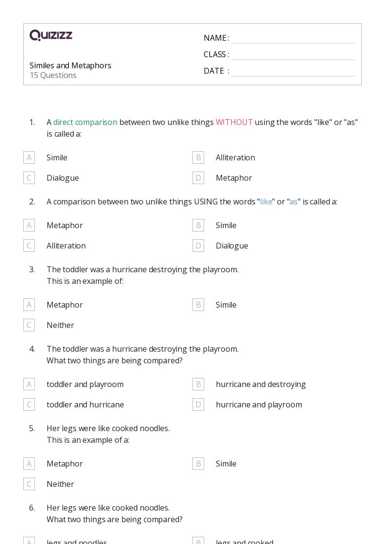 50+ Metaphors worksheets for 3rd Class on Quizizz | Free &  Printable