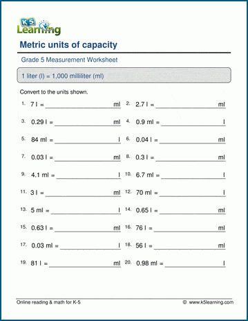 metric capacity worksheet