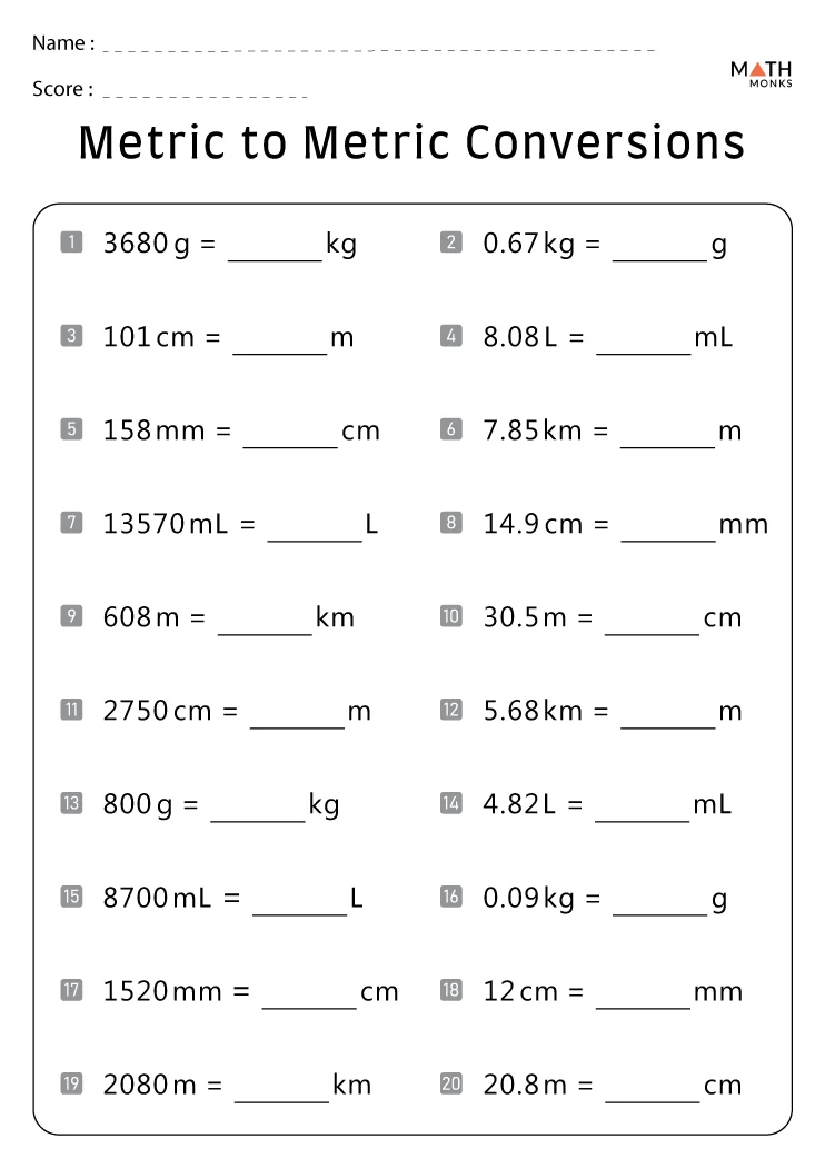 Metric Conversion Worksheets - Math Monks