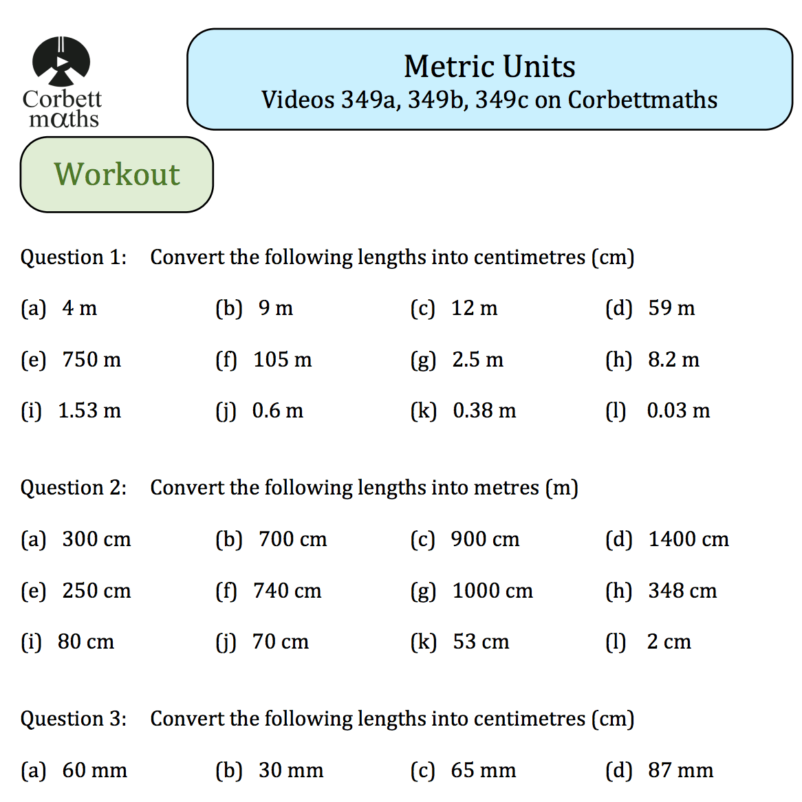 Metric Units Textbook Exercise – Corbettmaths - Worksheets Library