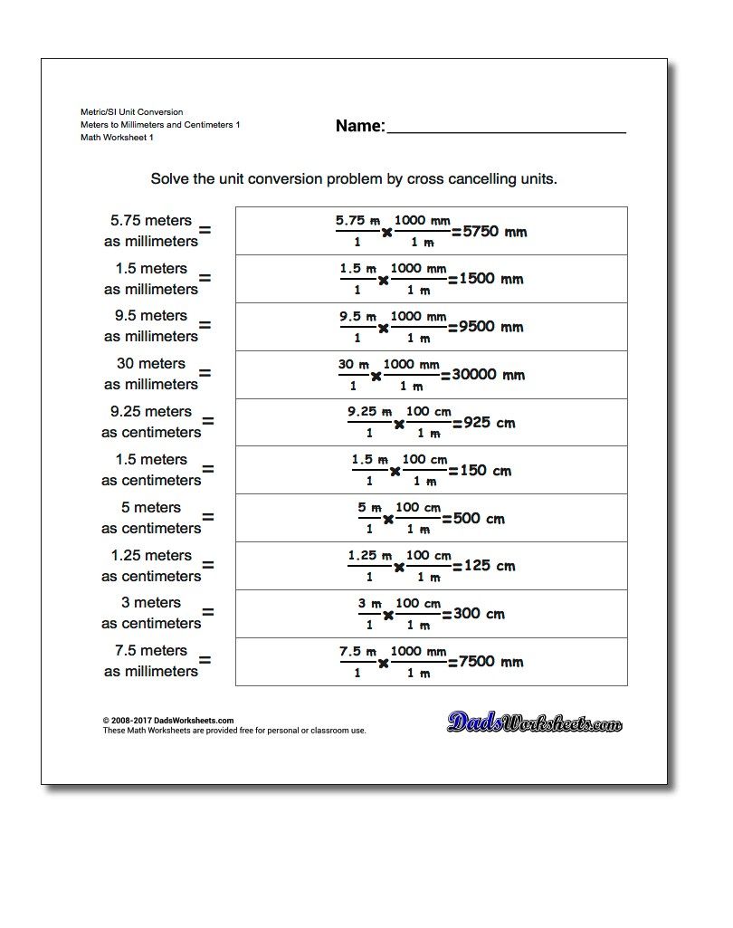 Metric/SI Unit Conversion Worksheet Meters to Millimeters and ...