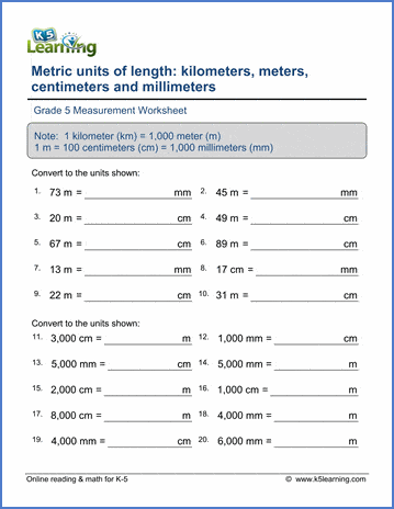 Grade 5 Math Worksheets: Convert metric lengths (mm, cm, m, km ...