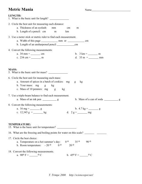 metric mania worksheet answers