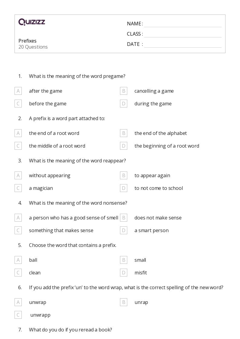 50+ Prefixes worksheets for 4th Year on Quizizz | Free &  Printable