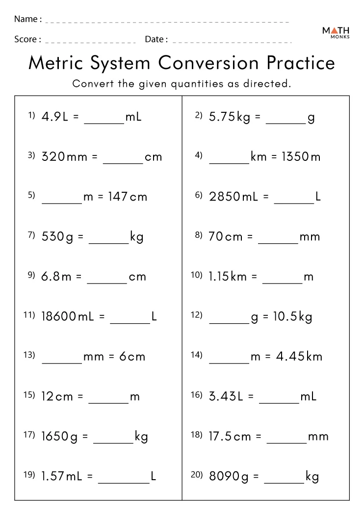 Metric Conversion Worksheets - Math Monks