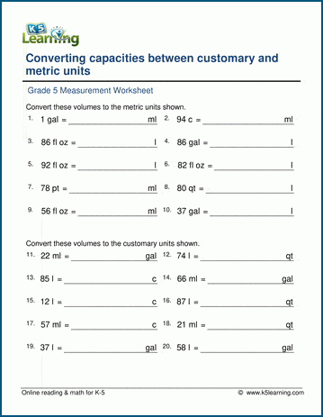 Grade 5 Worksheets: Convert units of capacity (customary / metric ...