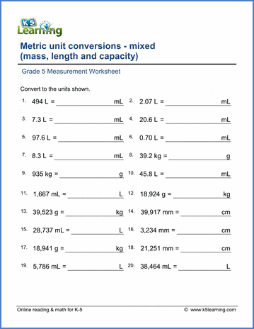 Grade 5 Math Worksheets: Metric units of measurement | Worsheets library