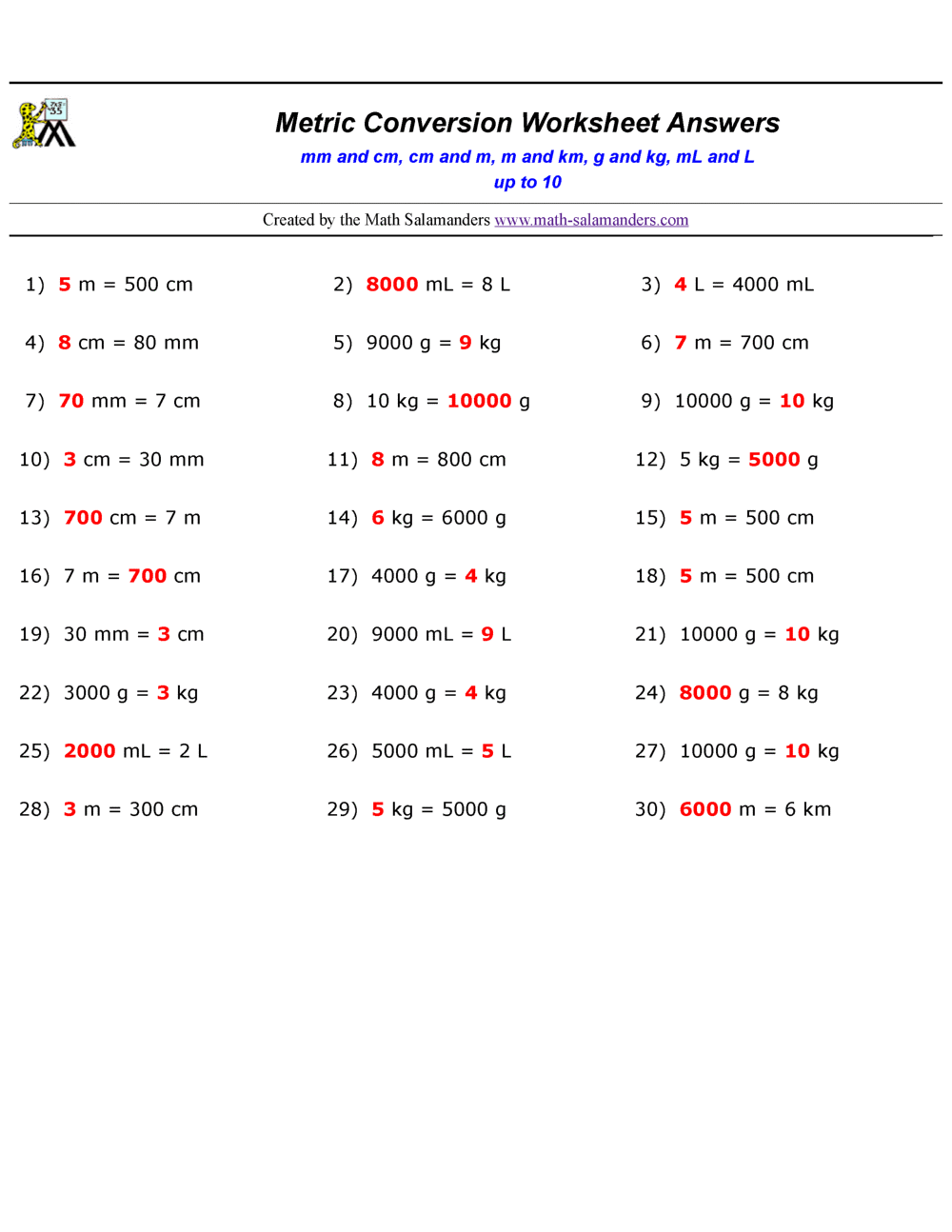 metric worksheet answers