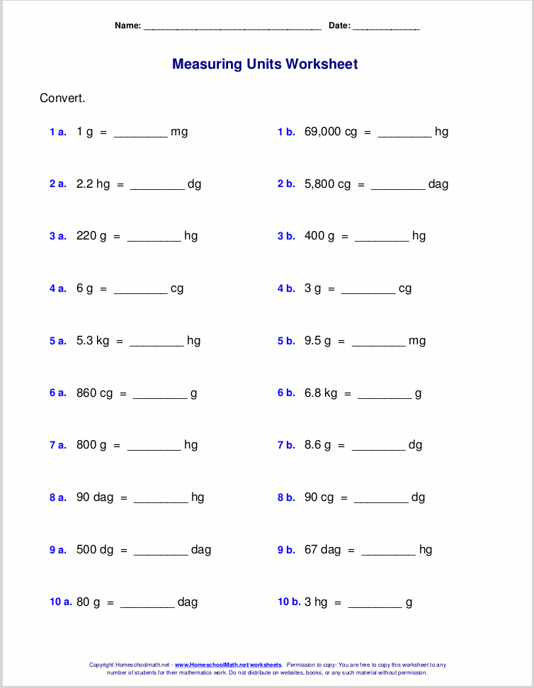 metric worksheet answers