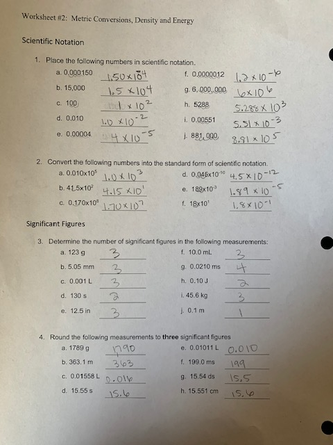 metric worksheet answers
