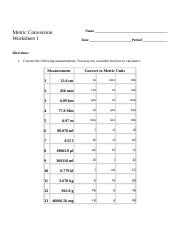 metric worksheet answers