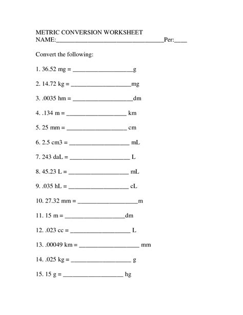 metric worksheet answers