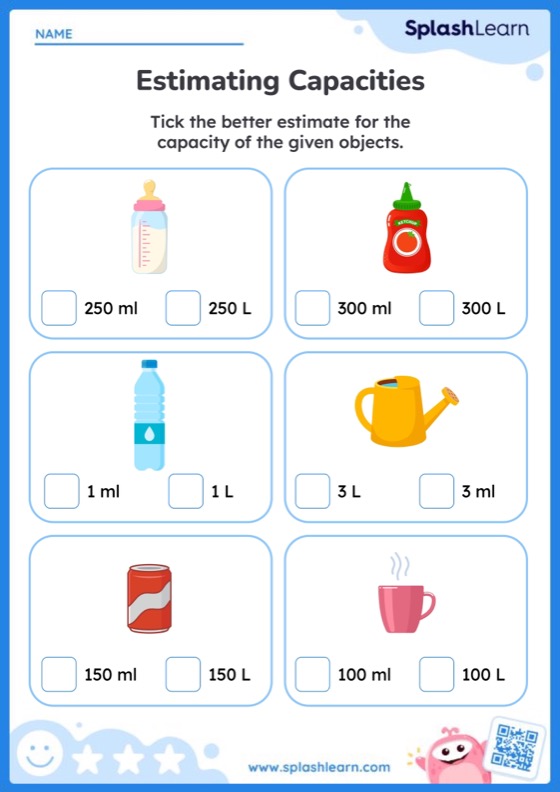 Estimating Capacity in Metric Units — Printable Math Worksheet