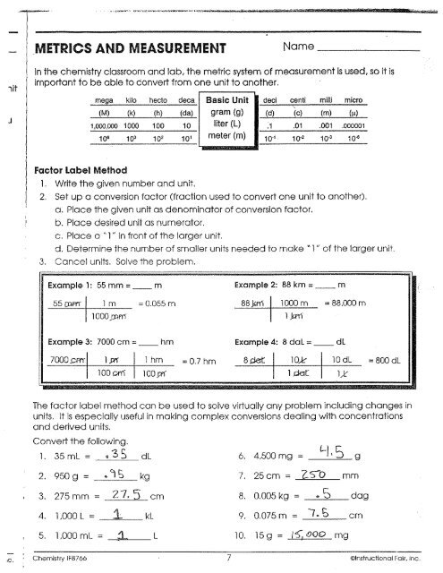 metrics worksheet answers
